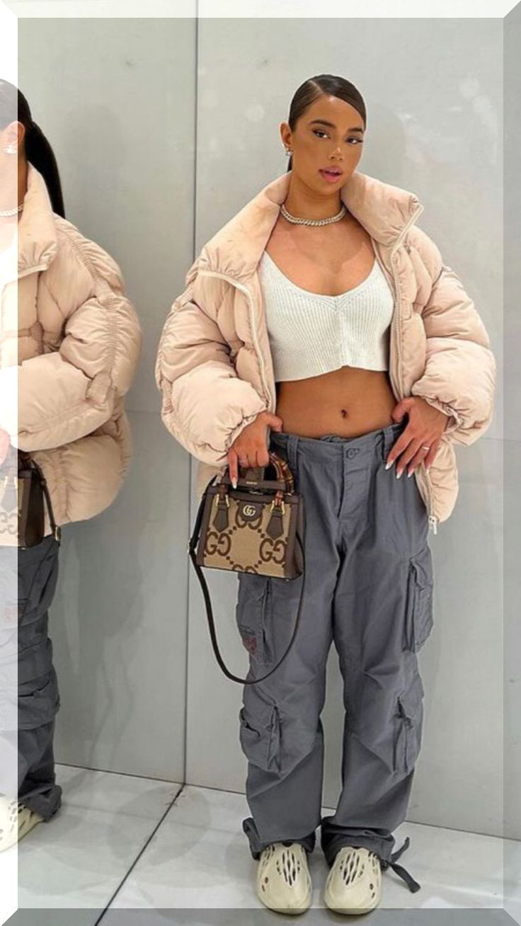 Puffer Jacket, White Knit Top, Gray Cargo Pants with Yeezy Foam Runners